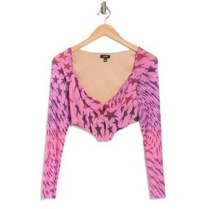 AFRM Crop Top Womens L Abstract‎ Pink Star Print Mesh Long Sleeve Festival Boho